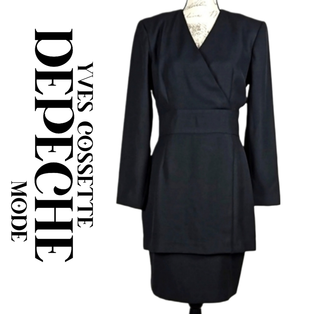 NWT Vintage Yves Cossette Depeche Mode Longsleeve V-Neck Office Dress, Black, 6